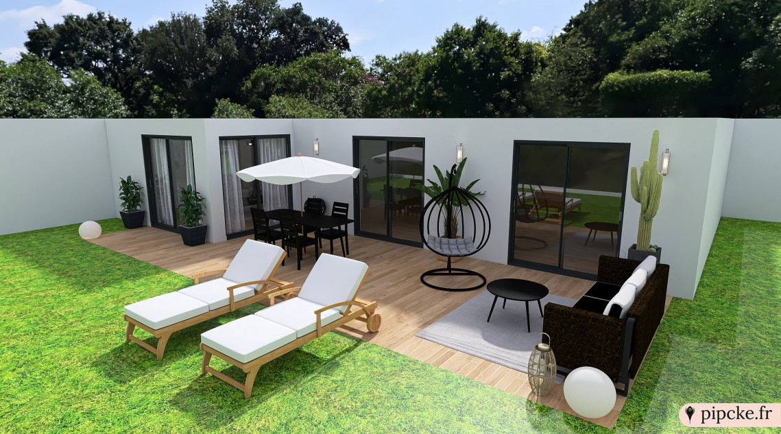 Rénovation d'une terrasse par un architecte de Pipcke qui a transformé l'espace en un lieu chaleureux avec des chaises longues, une table à manger, un parasol, une balançoire suspendue et des plantes décoratives.