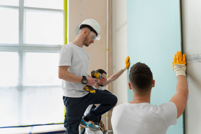 trois personnes qui sont en train de réaliser des travaux de rénovation d'une maison.
