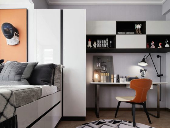 Aménagement d'une chambre 10m2 avec un lit , un bureau minimaliste, une chaise en cuir et un rangement suspendu en noir et blanc.