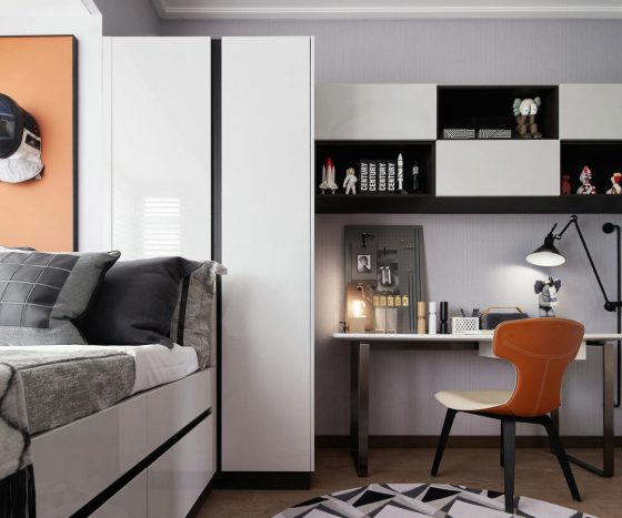 Aménagement d'une chambre 10m2 avec un lit , un bureau minimaliste, une chaise en cuir et un rangement suspendu en noir et blanc.