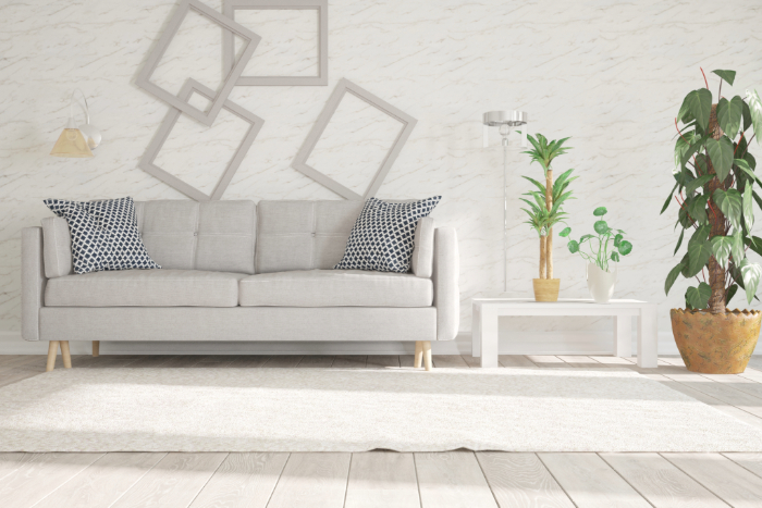Intérieur épuré avec canapé gris clair moderne, coussins graphiques, cadres muraux inclinés, table basse blanche, plantes vertes, et tapis blanc.