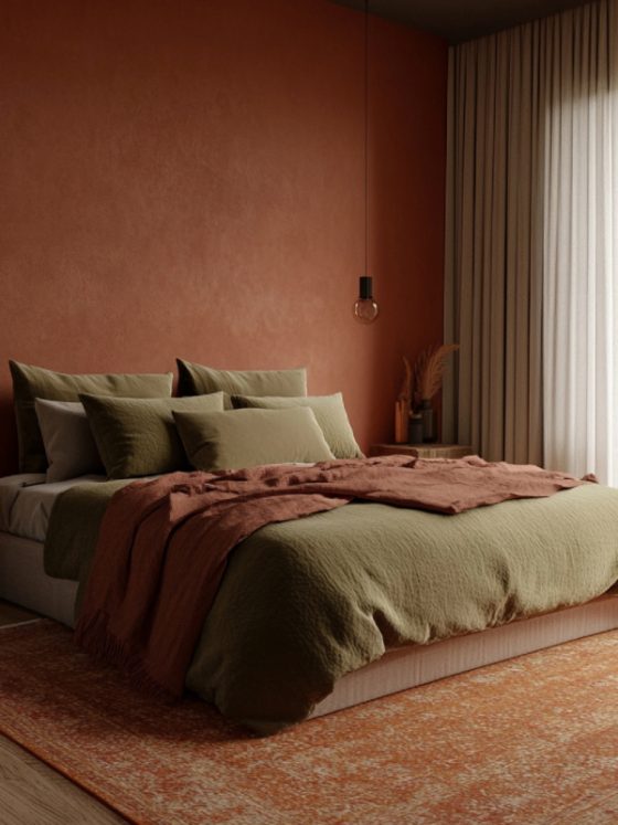 Pièce chaleureuse, sublimée par des couleurs pour chambre parentale tendance : murs terracotta, literie verte avec tapis orné, lumière naturelle et touches végétales.