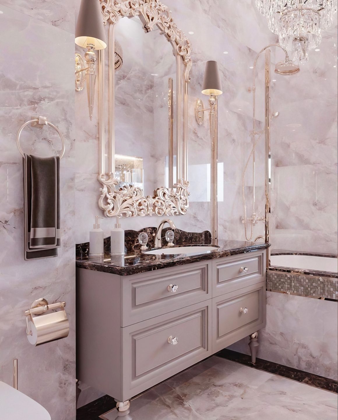 deco toilettes luxe vintage en marbre rose, appliques murales, mirroir oeuvre d'art