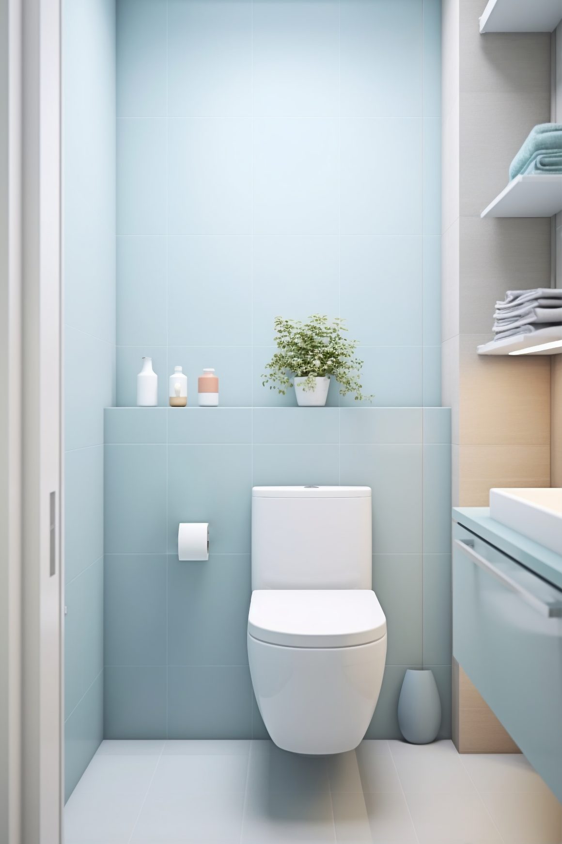 craquez pour une deco toilettes chic avec la couleur bleue ciel, effet apaisant, espace restreint
