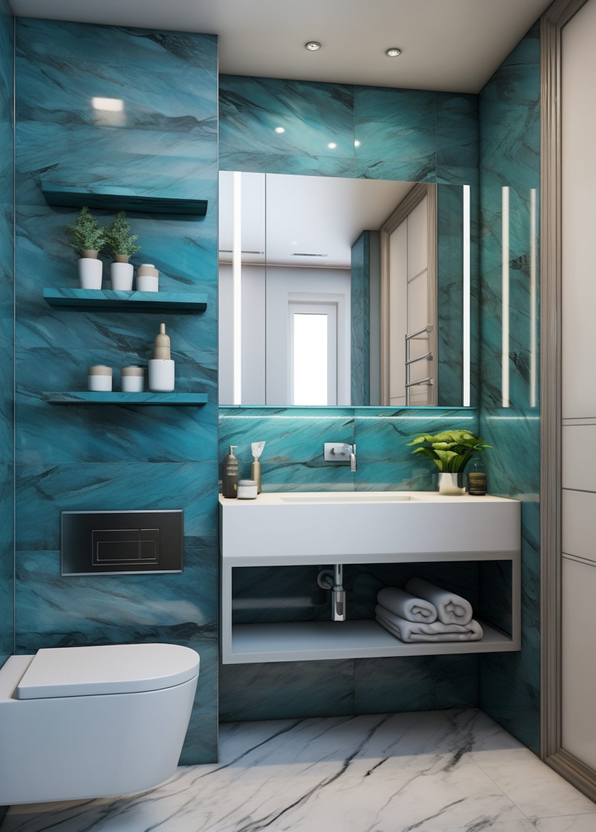 deco toilettes chic en marbre bleu, une touche de modernite avec des etageres