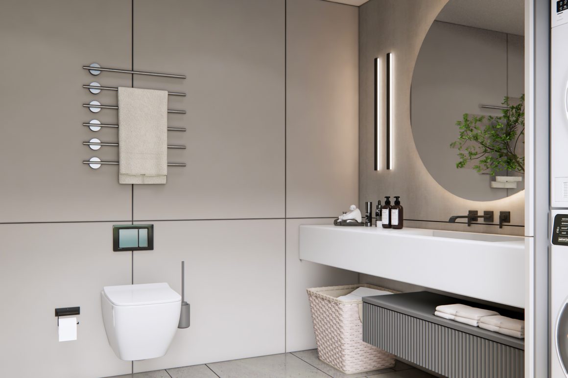 deco toilettes , palette de couleurs neutres, un grand miroir refletant la lumiere