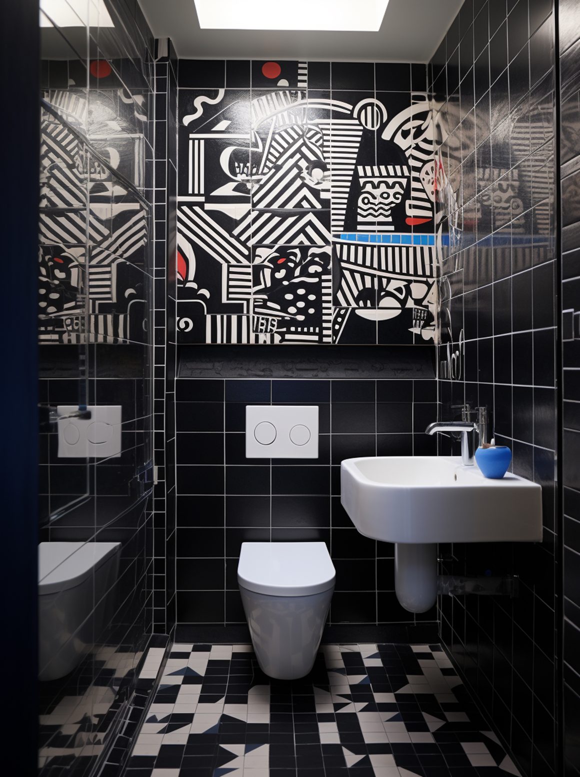 Deco toilettes zen, teintes noire et blanche accentuees par une touche de rouge et de bleu