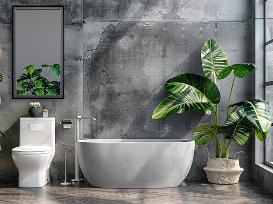 deco toilettes chic, teintes claires aux murs, des plantes , veritable oasis