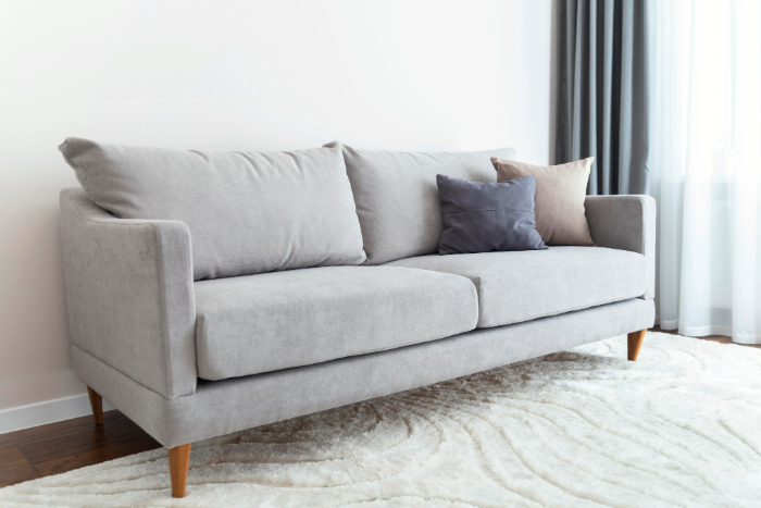 Canapé gris clair moderne, coussins déco gris et beige, finitions élégantes en bois, tapis moelleux avec des rideaux sobres.