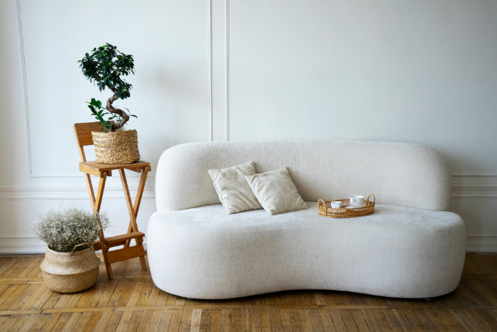 Canapé arrondi blanc, deux coussins beige, plateau avec bougies, chaise en bois et une plante verte dans un espace lumineux.