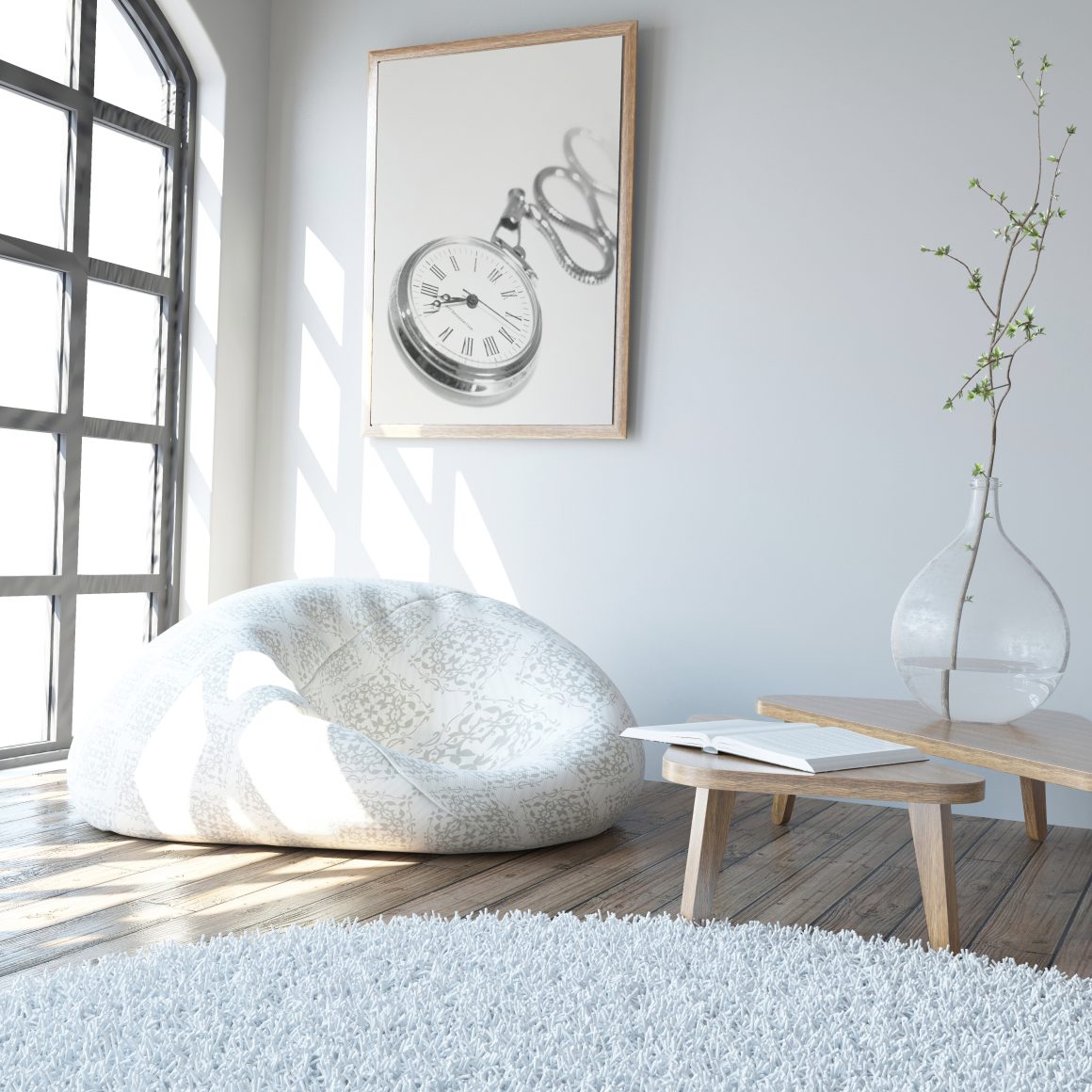 espace lumineux et minimaliste qui inclut un fauteuil cosy, une table basse bois, un vase design et un tapis doux.