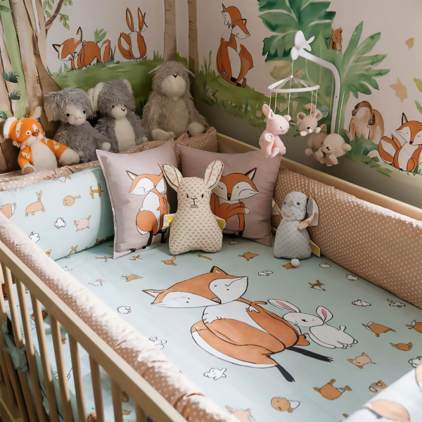 Chambre bébé jungle avec lit, coussins, peluches, mur avec papier peint incluant un décor renard, couleurs douces et motifs animaux.