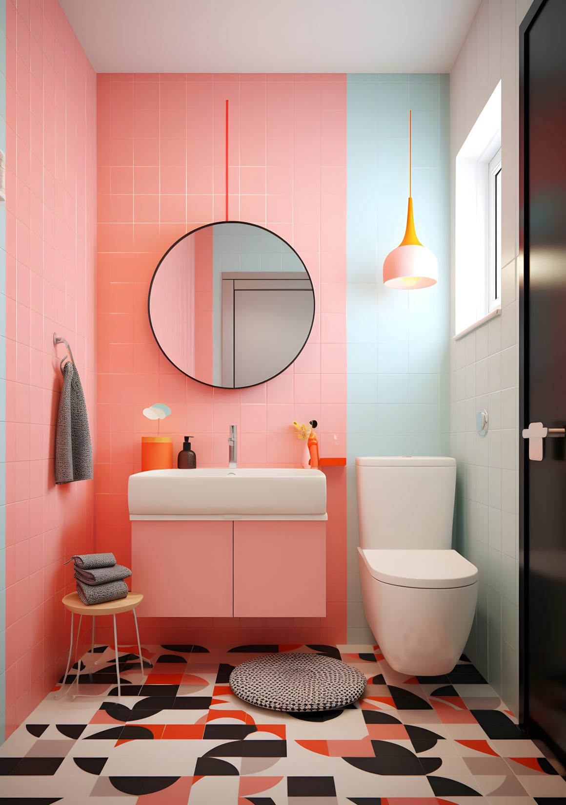 toilettes chic , couleurs peche bleu et blanc, privilegiez les couleurs qui apportent de la luminosite