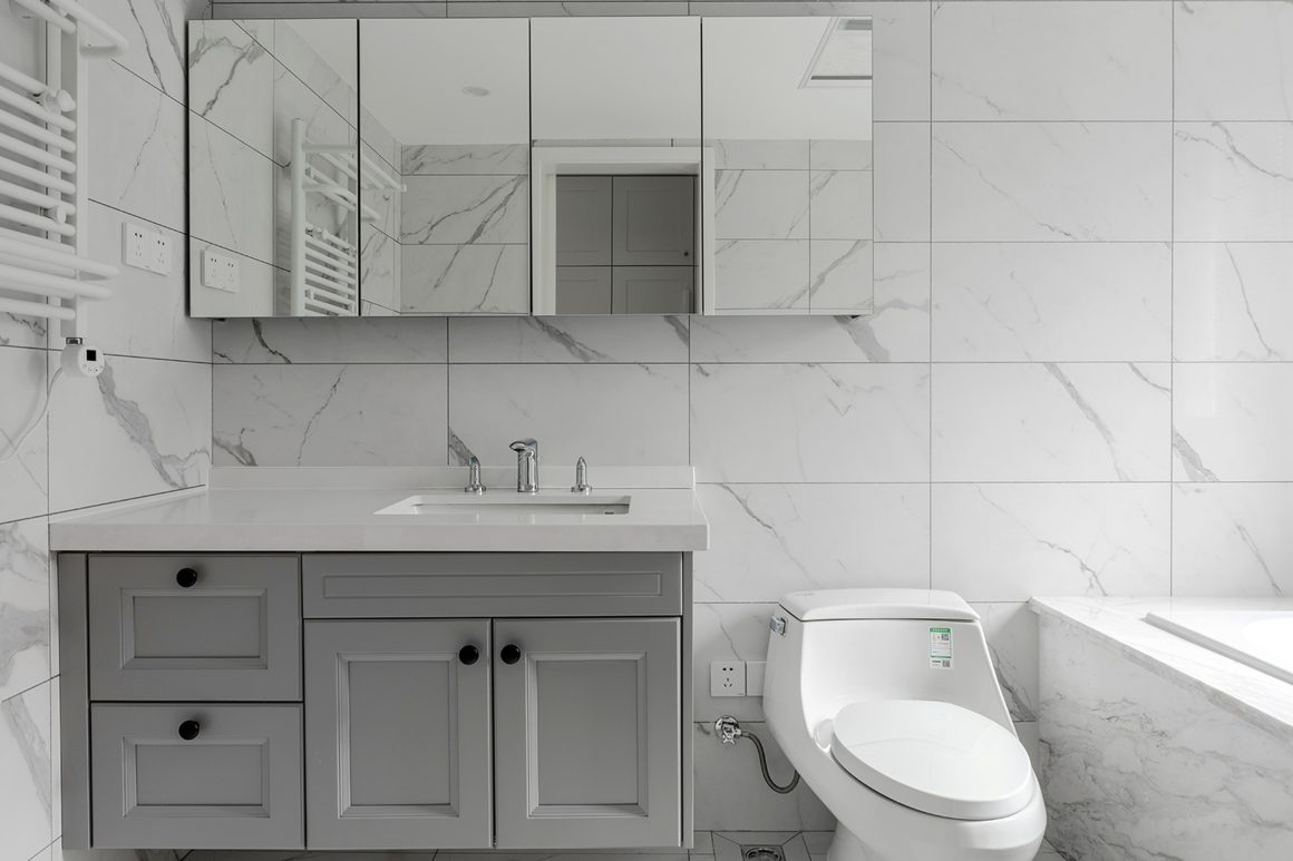 Style epure, elements assortis couleurs gris et blanc, deco toilettes chic