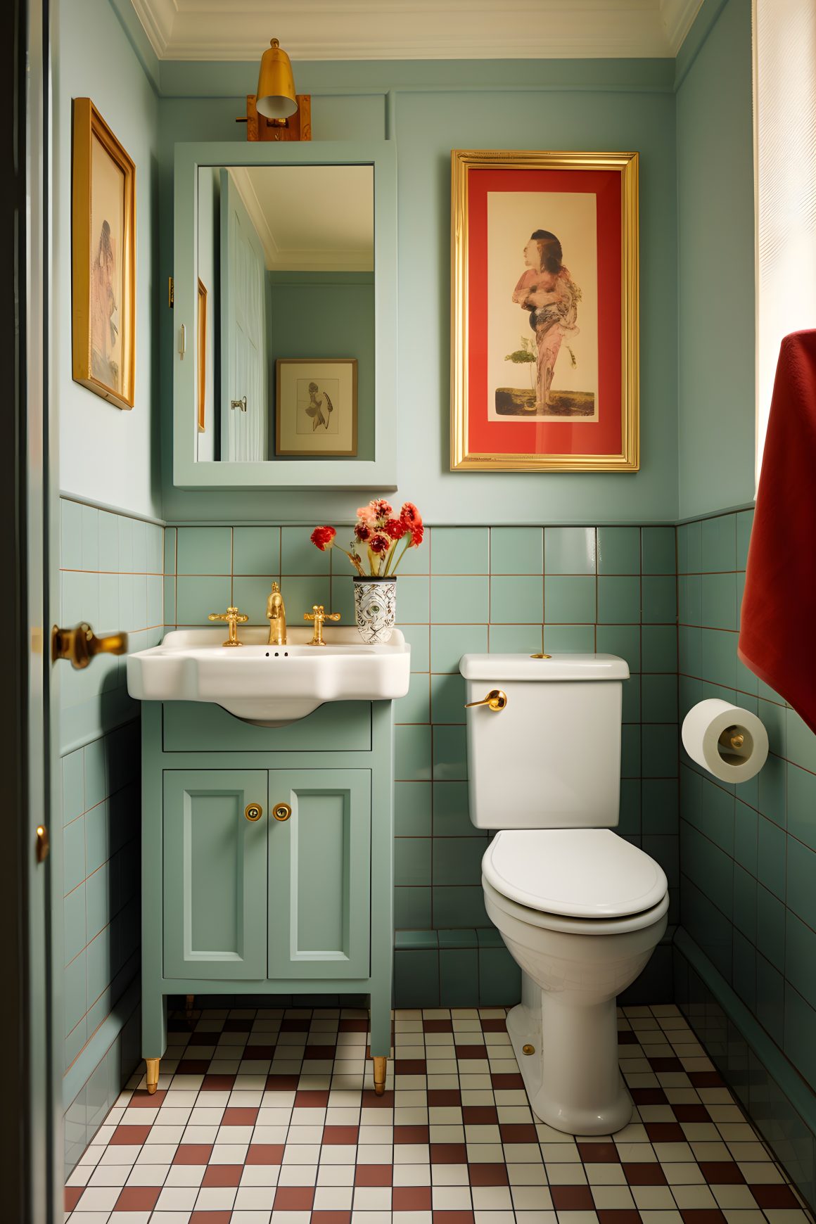 deco toilettes style vintage,sousbassement couleur vert d'eau, toiles d'art aux murs