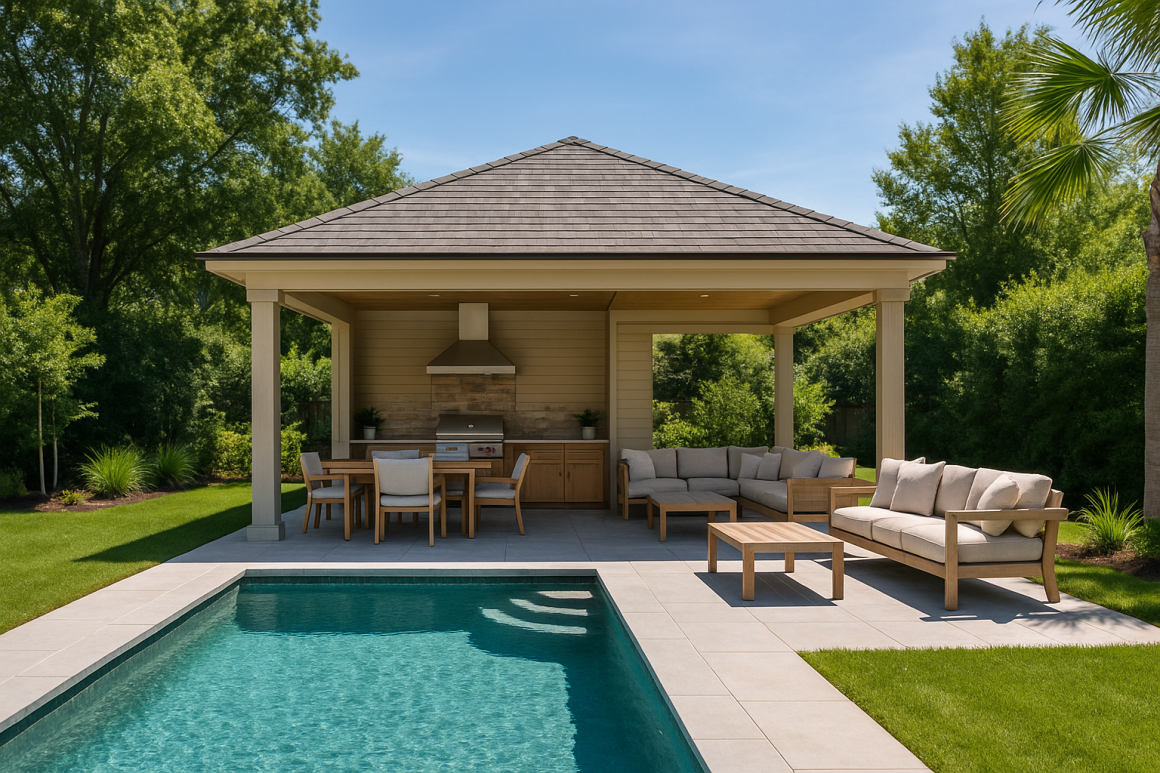 Structure en bois au bords d'une piscine avec coin salon