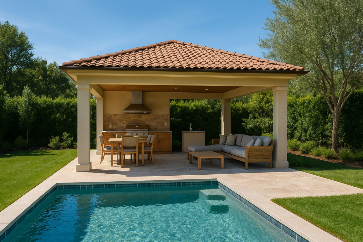 Pool house avec un salon simple et minimaliste