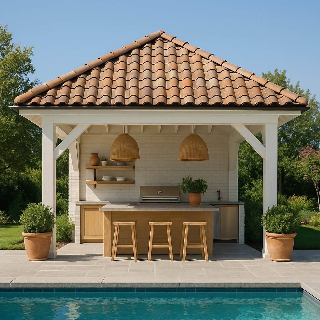 Pool house design avec terrasse aménagée et cuisine extérieure
