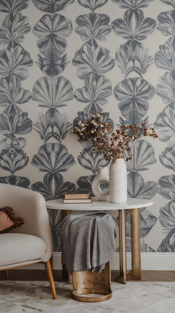 Décoration bien-être d'un coin cosy avec papier peint incluant motif floral gris clair.