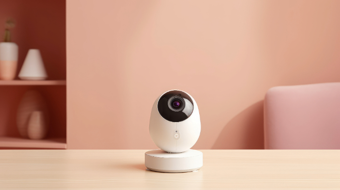 Caméra de surveillance blanche sur table bois dans un intérieur rose doux.