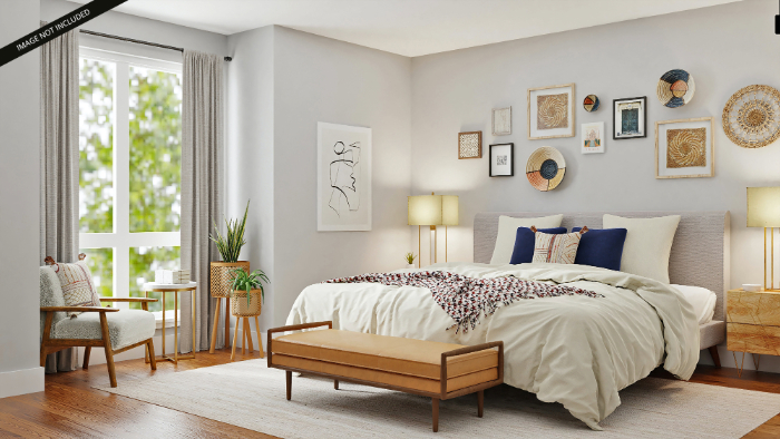 Chambre zen nature incluant meubles en bois, plantes et œuvres murales.