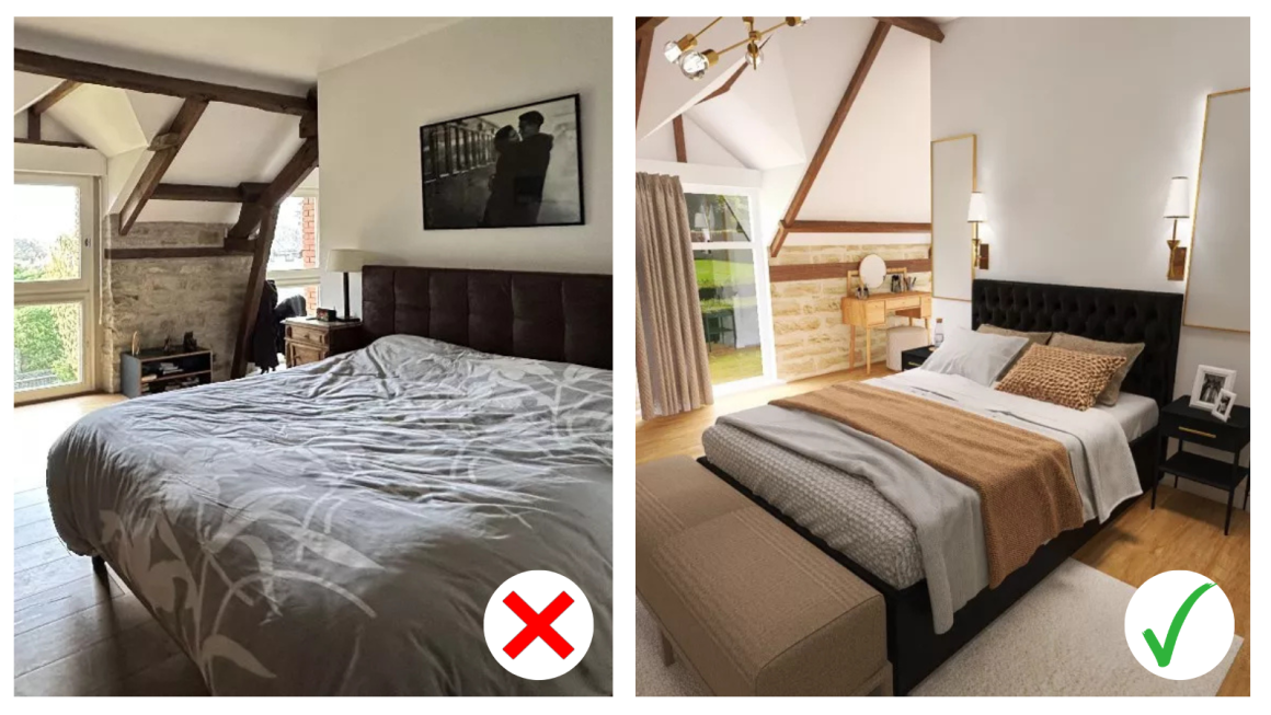 Avant/ après d'une chambre transformée grâce à notre conseil en décoration intérieure.