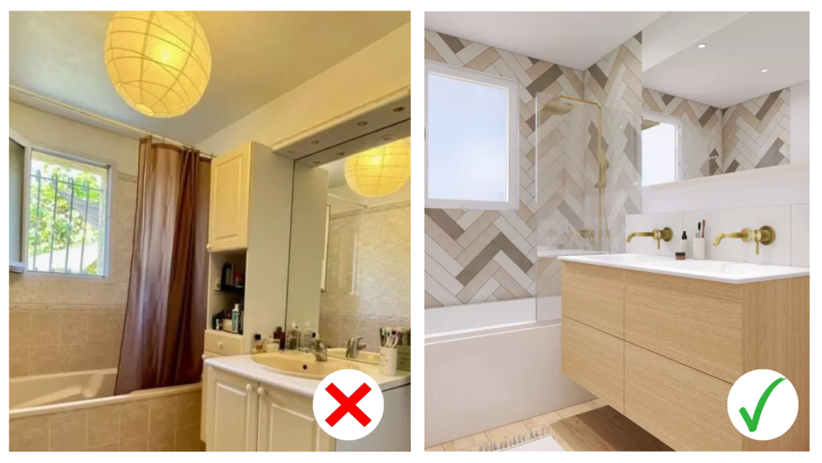 Salle de bain avant et après rénovation : gauche, vieux carrelage, meubles classiques ; droite, modernité, bois clair, robinetterie dorée, design épuré.