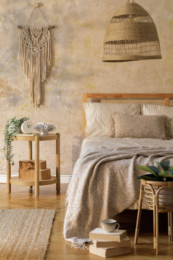 Décoration chambre zen cocooning aux tons neutres avec plantes, luminaire en osier et tissage mural.