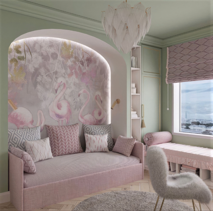 Déco bien-être avec mur arrondi décoré de flamants roses pastel, éclairage doux intégré, mobilier rose poudré et coussins moelleux.