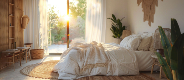 Déco chambre zen nature incluant rideaux blancs, lit douillet, tapis rond, plantes vertes et meubles en bois naturel.