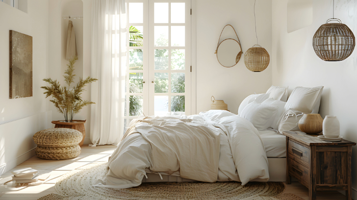 Chambre zen avec décor naturel, tons blancs et beiges, lit confortable, mobilier en bois, paniers tressés et plantes.