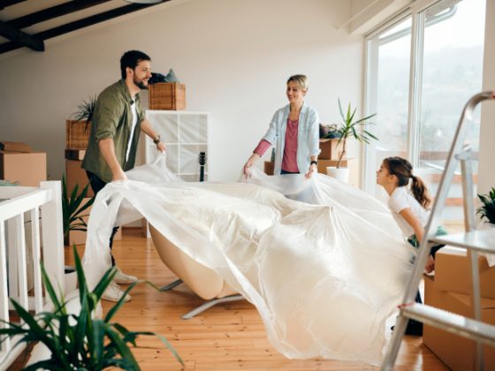 Une pièce lumineuse incluant un canapé, entouré de plantes et de cartons, avec trois personnes faisant la décoration de cette maison neuve.