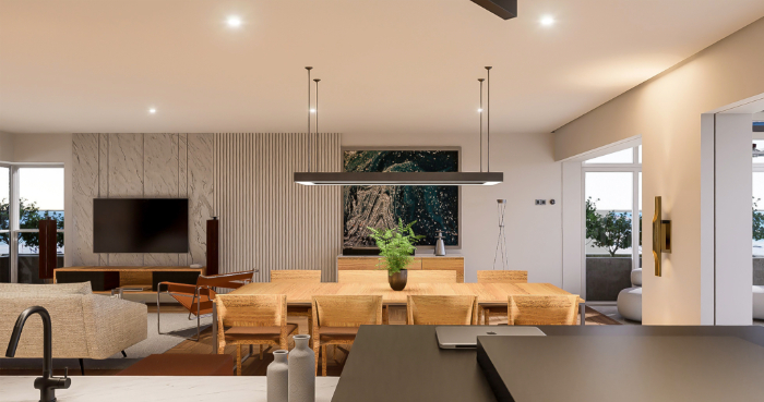 Maison neuve inclut un éclairage moderne, encastré au plafond, avec une suspension linéaire, mobilier en bois, mur en pierre, télévision, plantes et canapé.