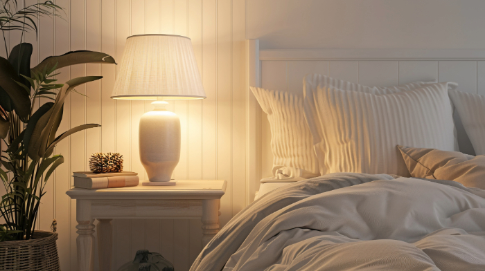 Déco chambre zen cocooning avec lampadaire doux et plantes vertes.