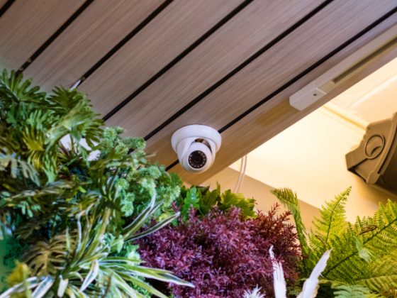 Caméra de surveillance blanche, plafond bois, plantes vertes et violettes.