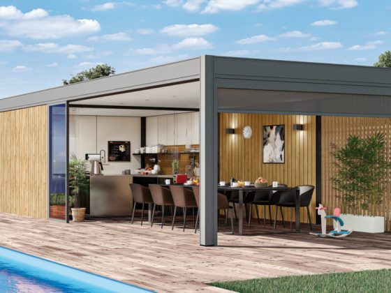 Pool house avec cuisine d'été incluant une grande table à manger noire, des chaises assorties, un bardage bois, une pergola grise, des plantes décoratives, un jouet enfant et un parquet en bois.