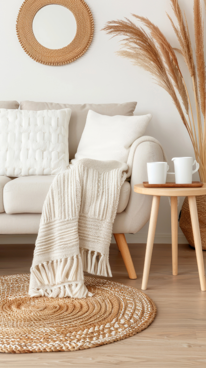 Salon au style scandinave incluant canapé beige, tapis rond avec décoration naturelle et chaleureuse.