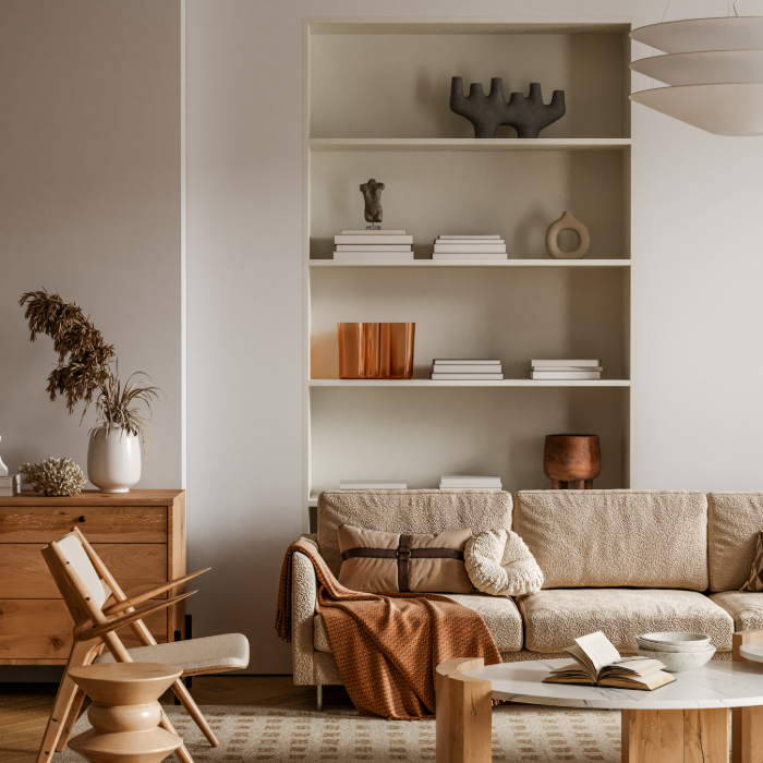 Salon scandinave incluant étagère blanche, canapé beige et mobilier en bois.