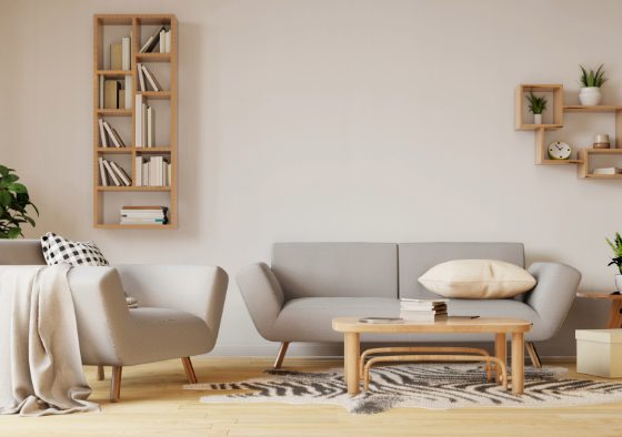Salon scandinave cocooning aux tons neutres incluant canapé, fauteuil, plaid, tapis et plantes.