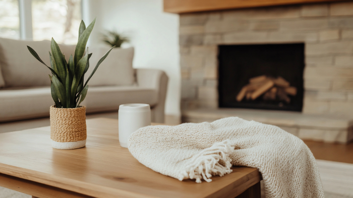 Salon cosy avec cheminée, plante en pot, couverture douce et blanche.