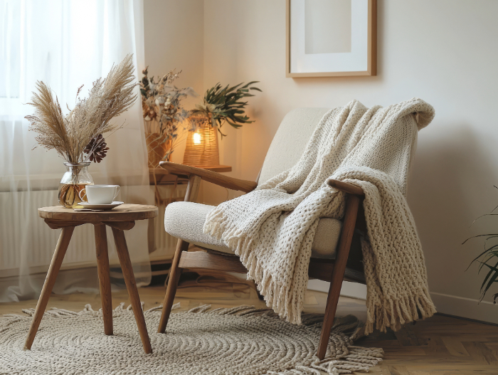 Coin lecture confortable avec fauteuil en bois, plaid beige, table ronde, bouquet décoratif et lumière douce.