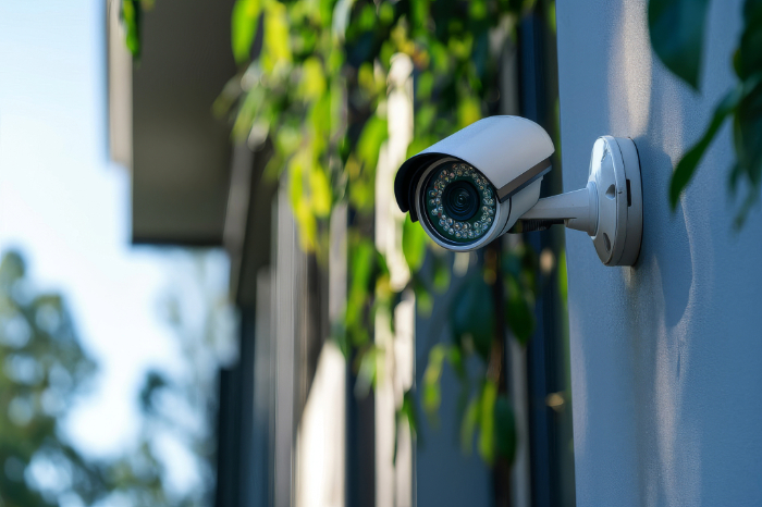 Caméra de surveillance extérieure fixée, entourée de verdure.