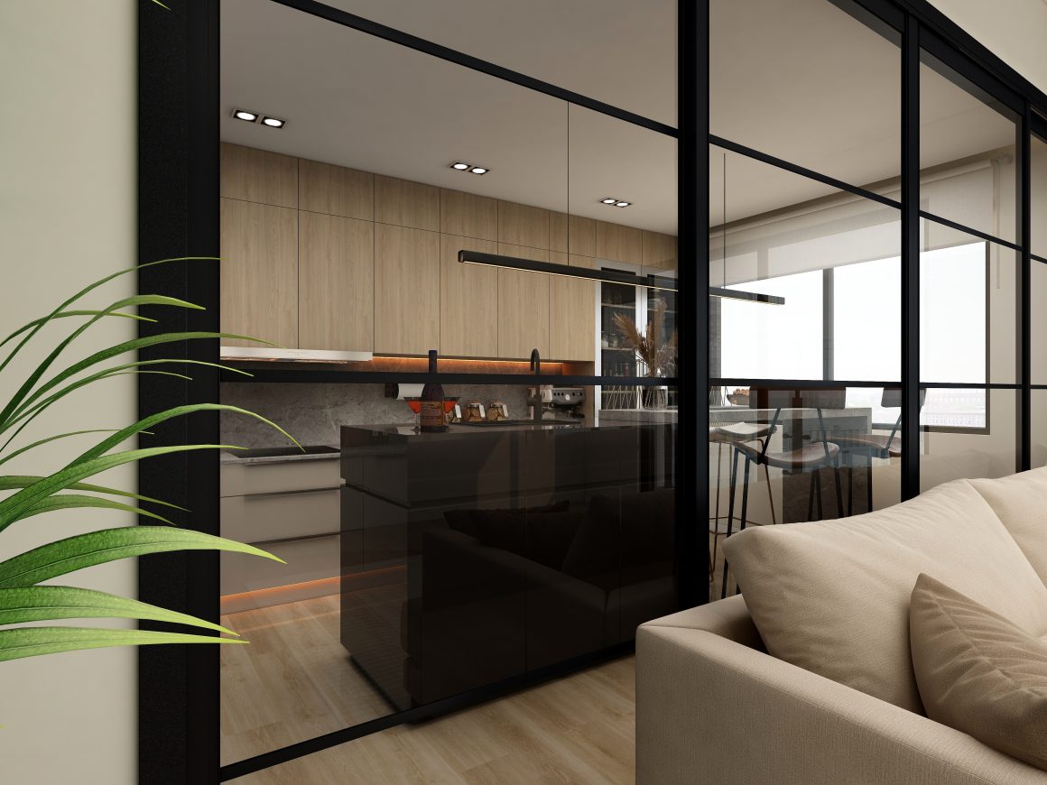 Cuisine moderne avec portes vitrées noires et salon incluant canapé beige.