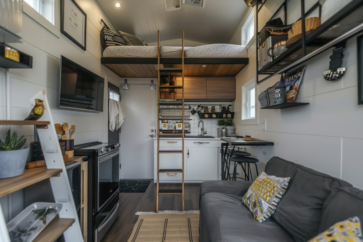 Aménagement petit appartement 30m2 avec lit mezzanine, cuisine compacte, sofa et étagères de rangement.