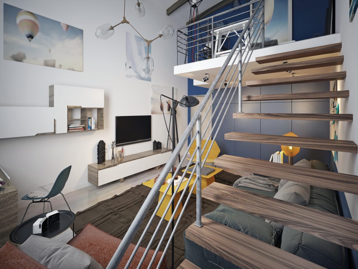 Studio 20m2 aménagé avec canapé, escaliers flottants en bois, meubles, lampes design et décorations murales colorées.