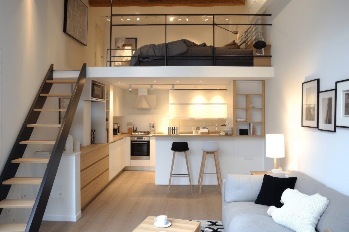 Aménagement appartement 30m2 avec cuisine ouverte, coin salon et lit mezzanine.