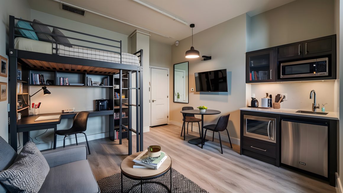 Aménagement petit appartement 30m2 avec mezzanine, coin repas, petite cuisine et canapé.