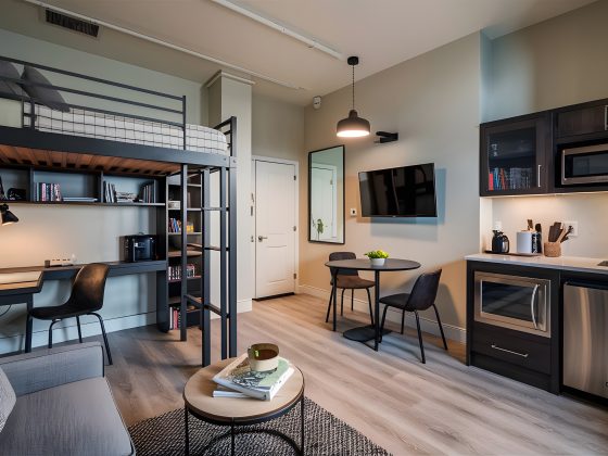 Aménagement petit appartement 30m2 avec mezzanine, coin repas, petite cuisine et canapé.