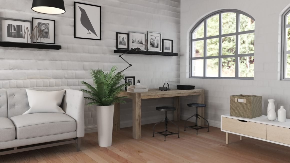 Pièce incluant canapé clair, bureau en bois brut, étagères murales et éléments déco épurés.