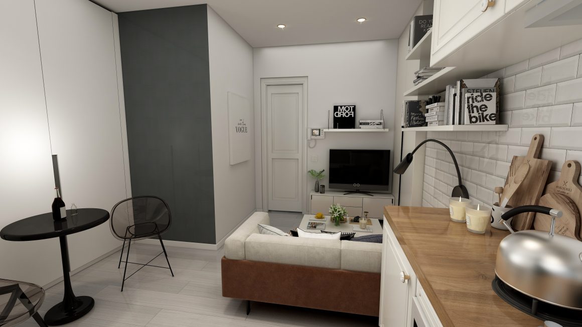 aménager studio 25m2 en combinant salon, cuisine, coin repas et rangements ouverts.